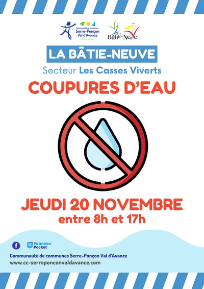 Coupures d'eau La Bâtie-Neuve (Les Casses Viverts) - le 20/11/2025
