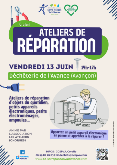 Atelier de réparation vendredi 13 juin - Déchèterie de l'Avance