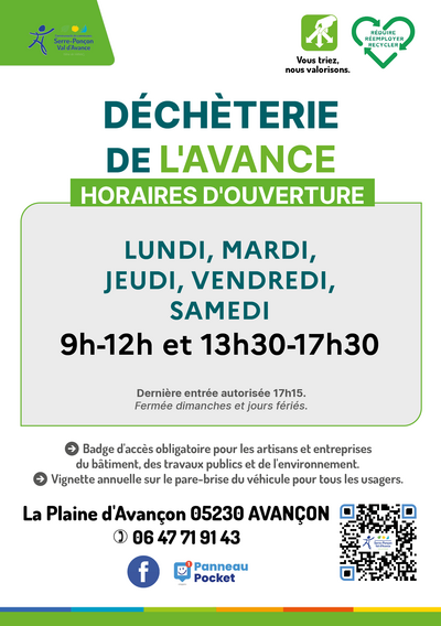 Horaires 2025 - Déchèterie de l'Avance